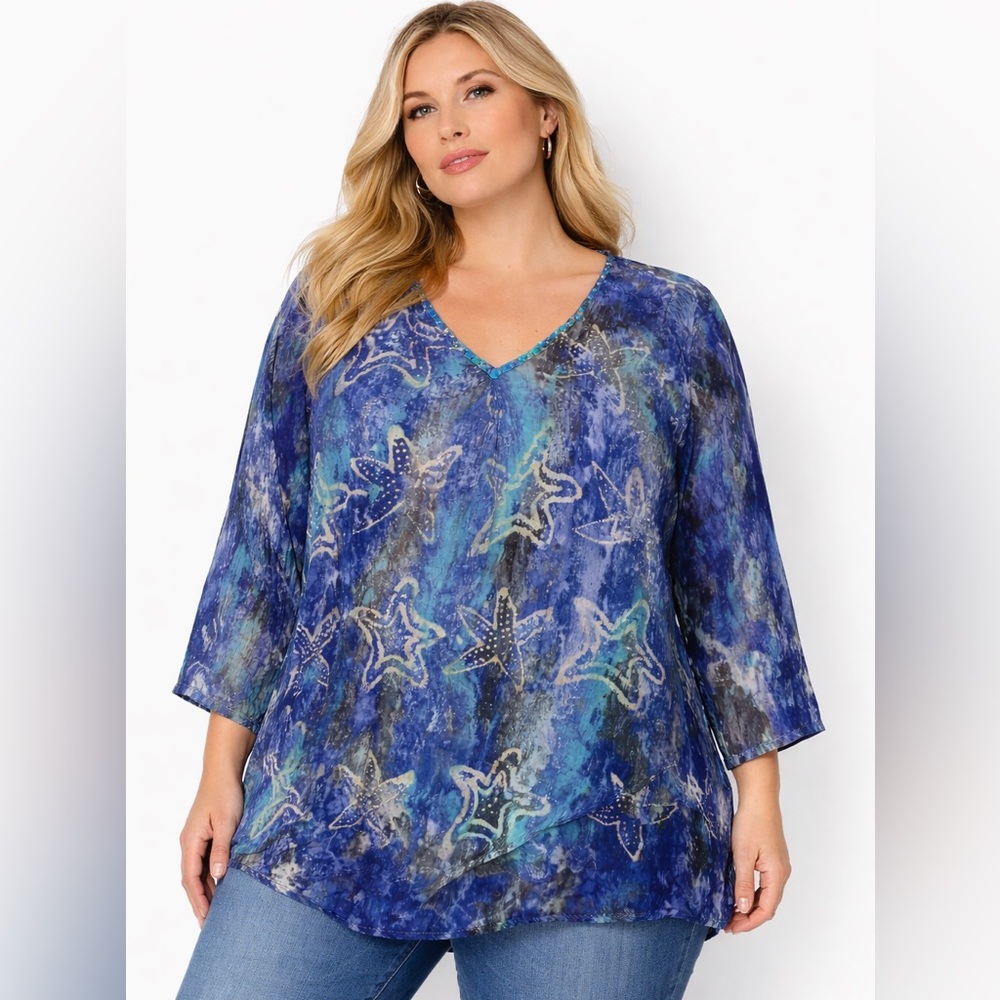 Charlie Page Starfish Rayon Blouse L/XL Beachy coastal boho artsy flowy  *Read